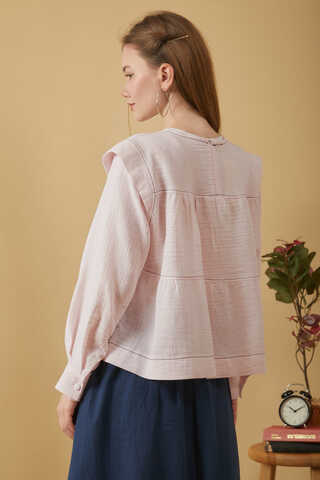 Contrast Stitch Muslin Blouse Powder Pink - 14
