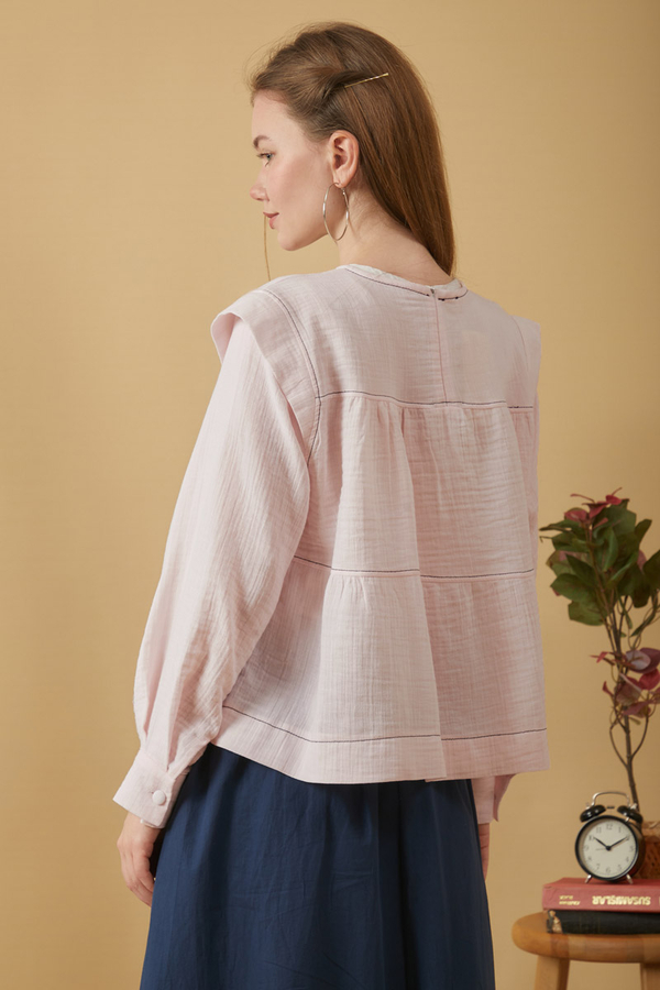 Contrast Stitch Muslin Blouse Powder Pink - 14