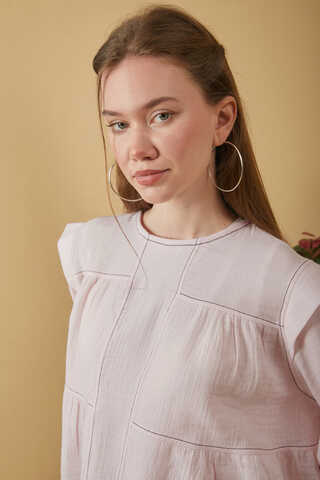 Contrast Stitch Muslin Blouse Powder Pink - 9