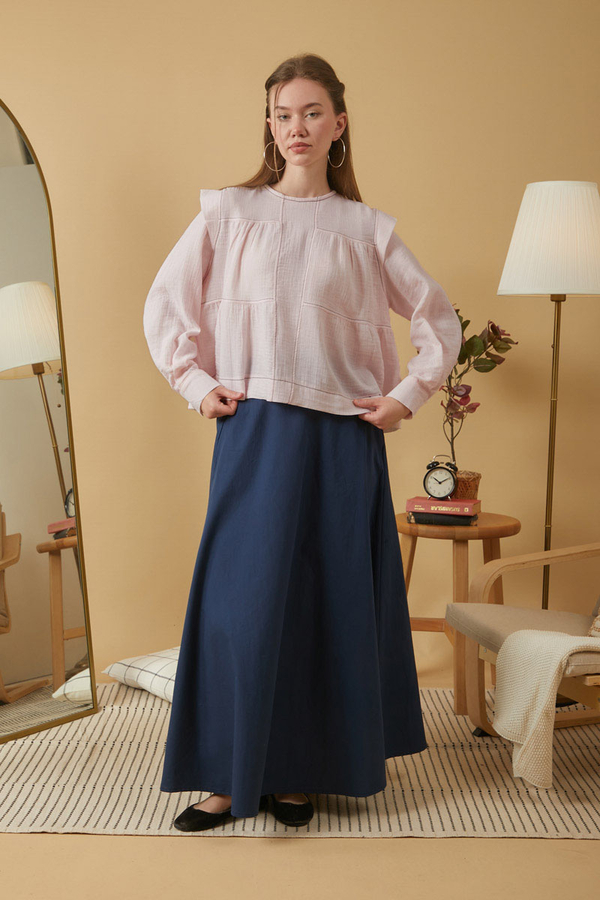 Contrast Stitch Muslin Blouse Powder Pink - 13