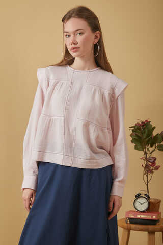 Contrast Stitch Muslin Blouse Powder Pink - 1