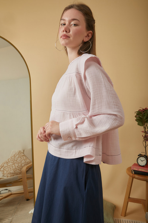 Contrast Stitch Muslin Blouse Powder Pink - 10