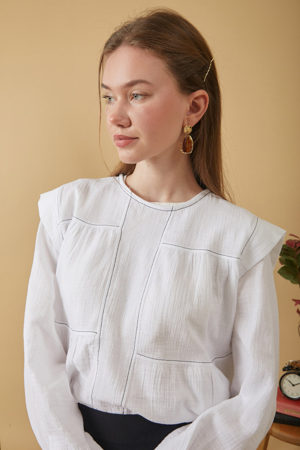 Contrast Stitch Muslin Blouse White - 7