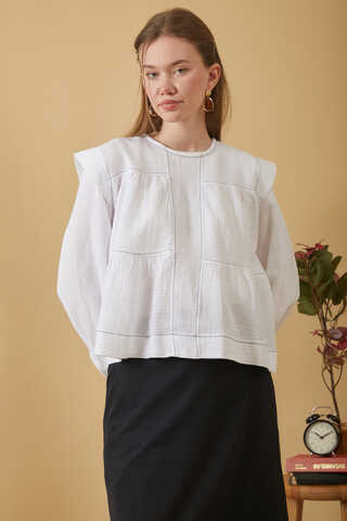 Contrast Stitch Muslin Blouse White - 11