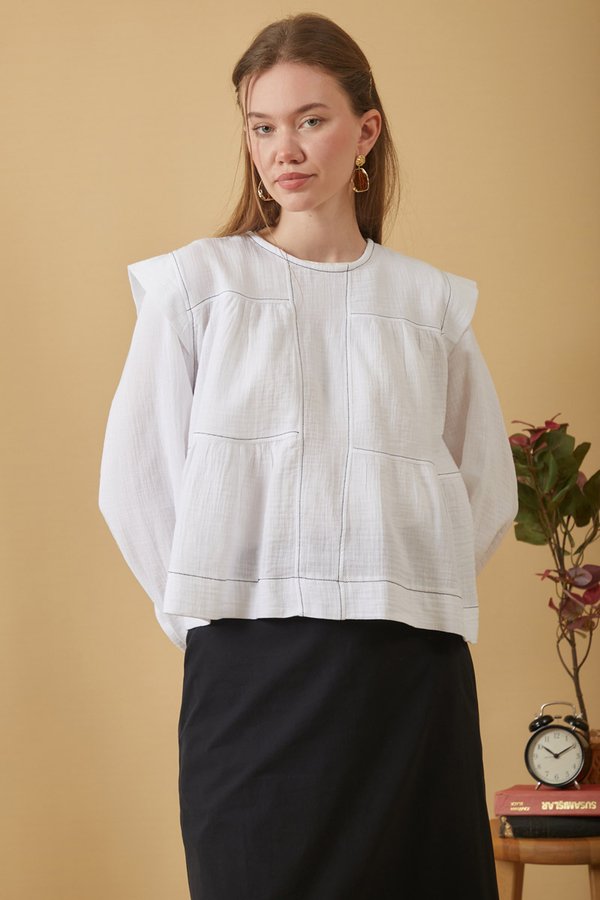 Contrast Stitch Muslin Blouse White - 11