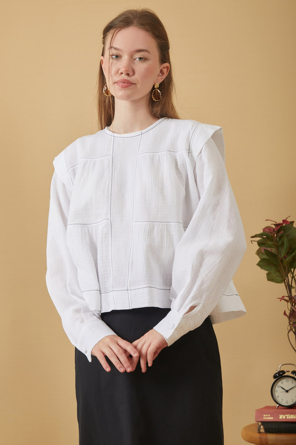 Contrast Stitch Muslin Blouse White - 4