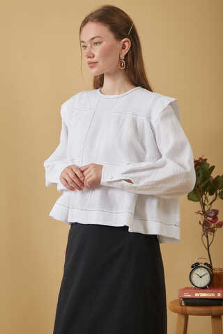 Contrast Stitch Muslin Blouse White - 12
