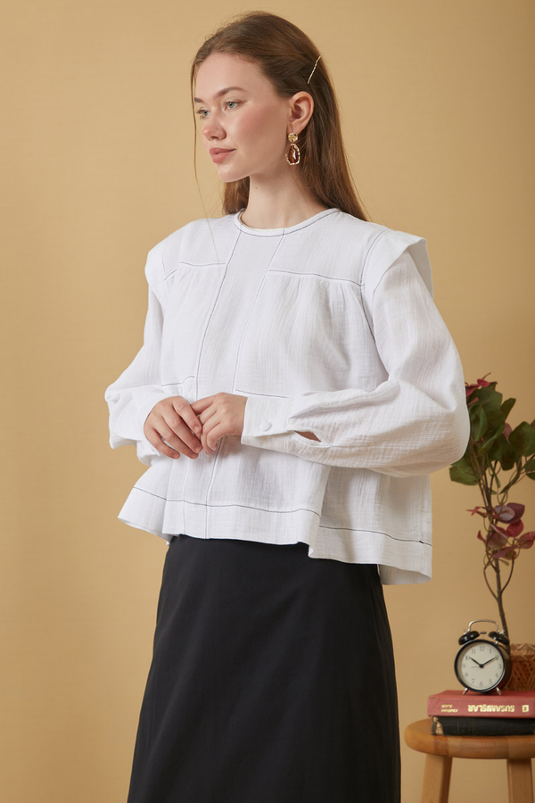 Contrast Stitch Muslin Blouse White - 12