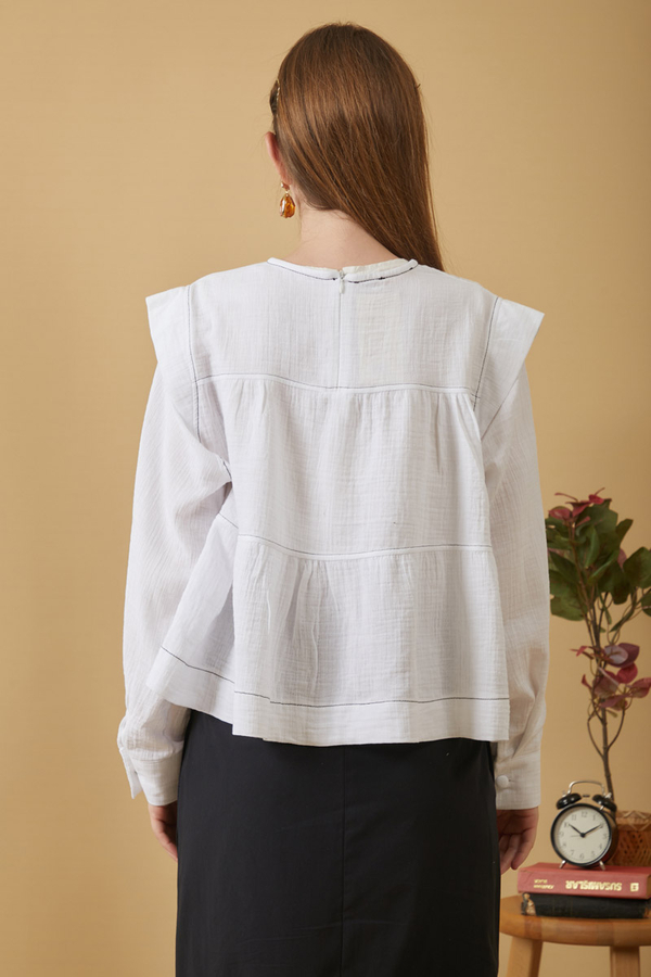 Contrast Stitch Muslin Blouse White - 13