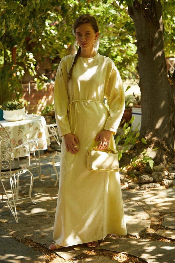 Contrast-Stitched Linen Dress Butter Yellow 