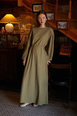 Contrast-Stitched Linen Dress Khaki - 3