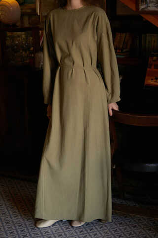 Contrast-Stitched Linen Dress Khaki - 4