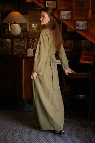 Contrast-Stitched Linen Dress Khaki - 5