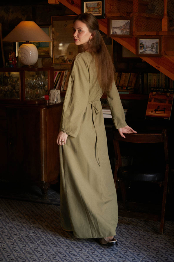 Contrast-Stitched Linen Dress Khaki - 5