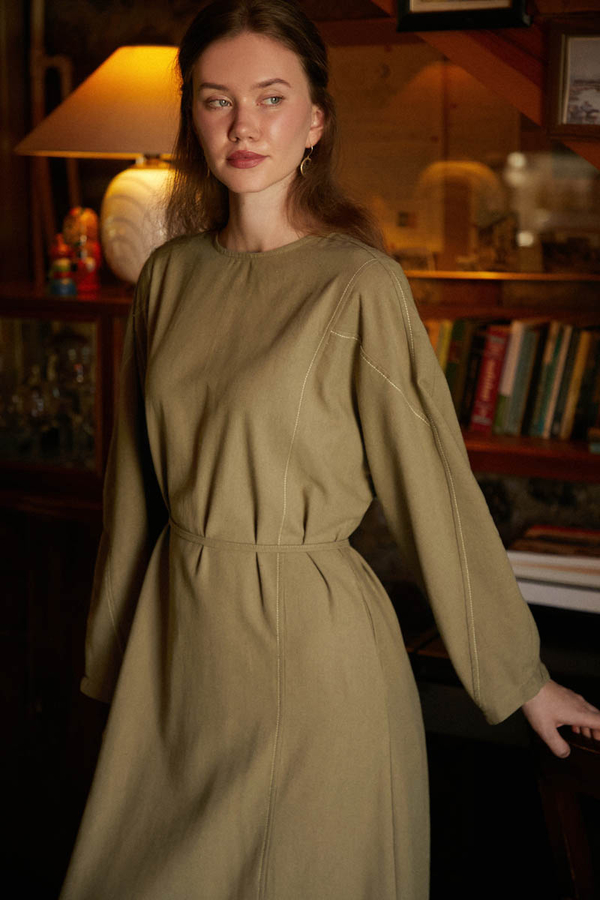 Contrast-Stitched Linen Dress Khaki - 2