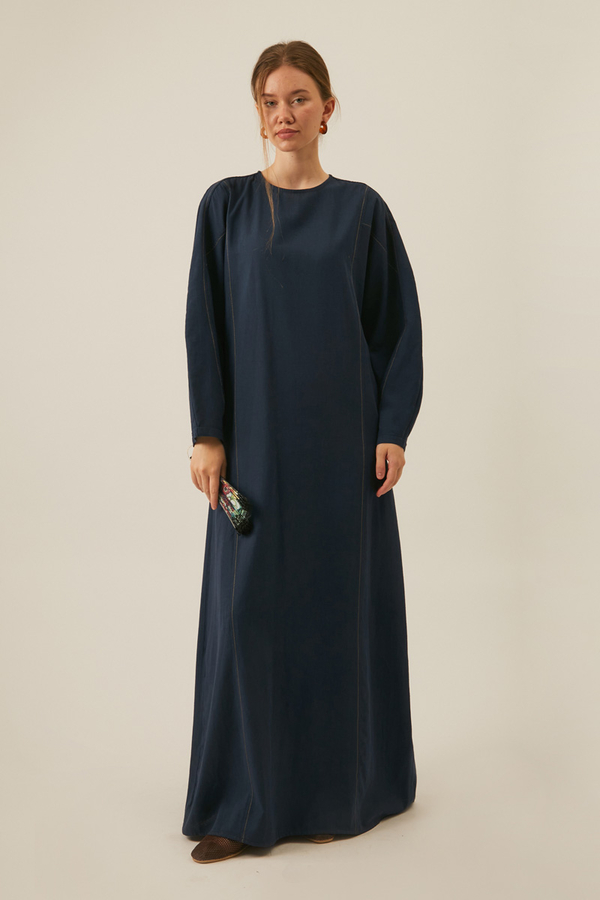 Contrast-Stitched Linen Dress Navy Blue - 6
