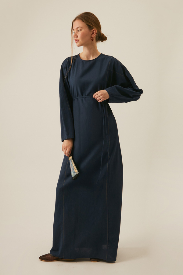 Contrast-Stitched Linen Dress Navy Blue - 8