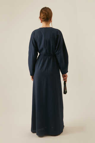 Contrast-Stitched Linen Dress Navy Blue - 10