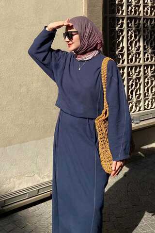 Contrast-Stitched Linen Dress Navy Blue - 1