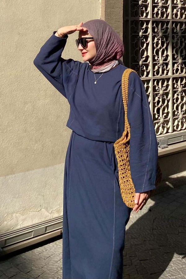 Contrast-Stitched Linen Dress Navy Blue - 1