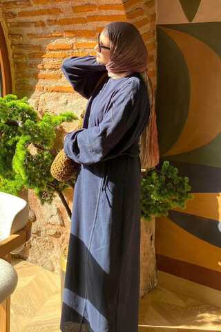 Contrast-Stitched Linen Dress Navy Blue - 4