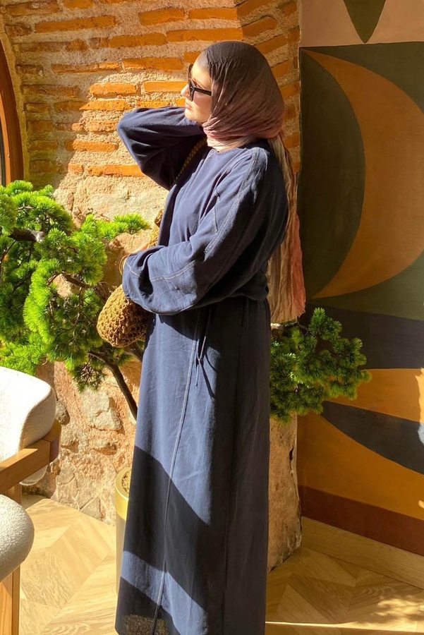 Contrast-Stitched Linen Dress Navy Blue - 4