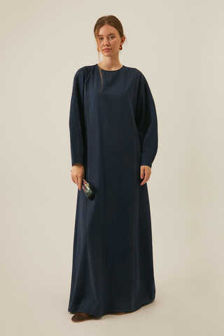 Contrast-Stitched Linen Dress Navy Blue - 6