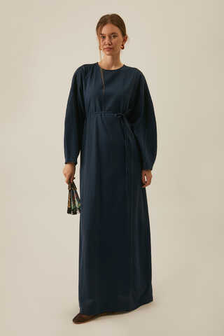 Contrast-Stitched Linen Dress Navy Blue - 7