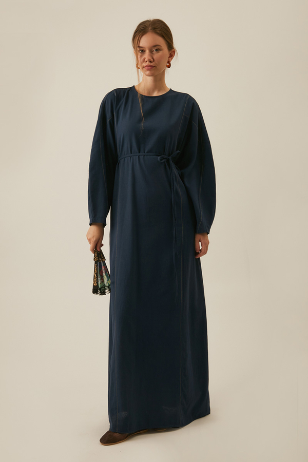 Contrast-Stitched Linen Dress Navy Blue - 7