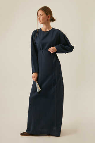 Contrast-Stitched Linen Dress Navy Blue - 8