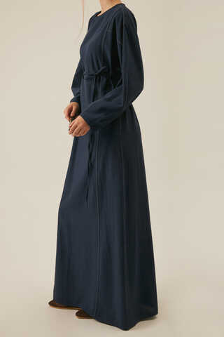 Contrast-Stitched Linen Dress Navy Blue - 9