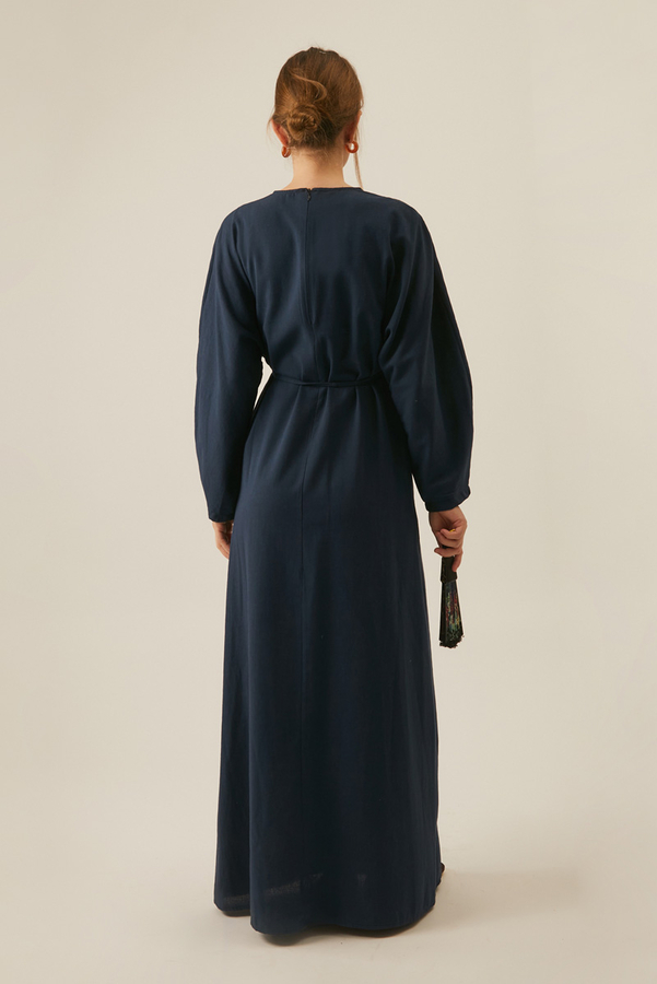 Contrast-Stitched Linen Dress Navy Blue - 10