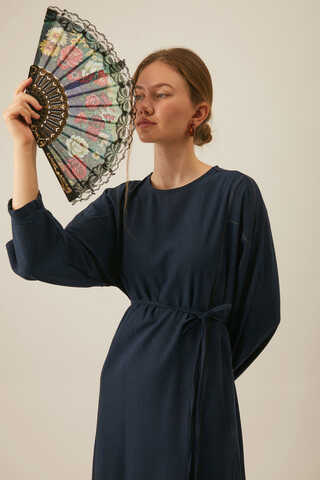 Contrast-Stitched Linen Dress Navy Blue - 5