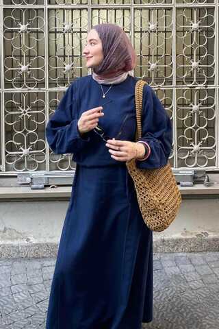 Contrast-Stitched Linen Dress Navy Blue - 2