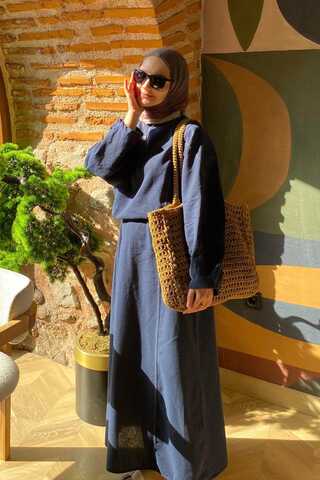 Contrast-Stitched Linen Dress Navy Blue - 3