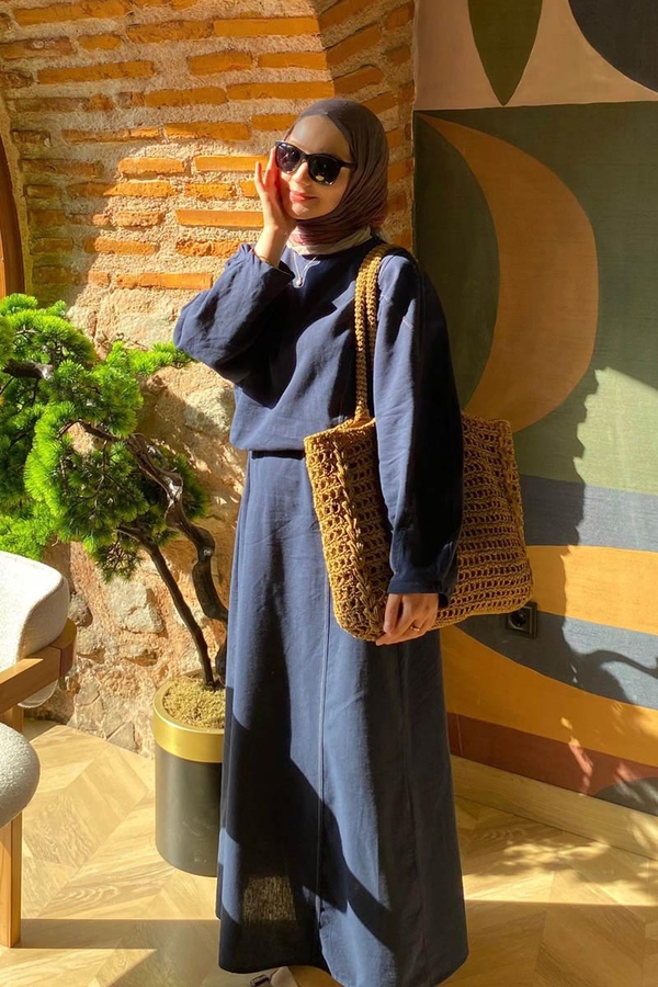 Contrast-Stitched Linen Dress Navy Blue - 3