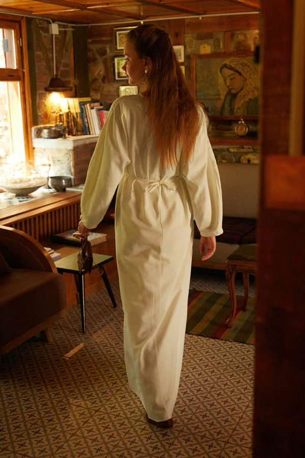 Contrast-Stitched Linen Dress Stone - 6