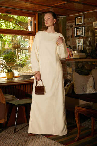 Contrast-Stitched Linen Dress Stone - 4