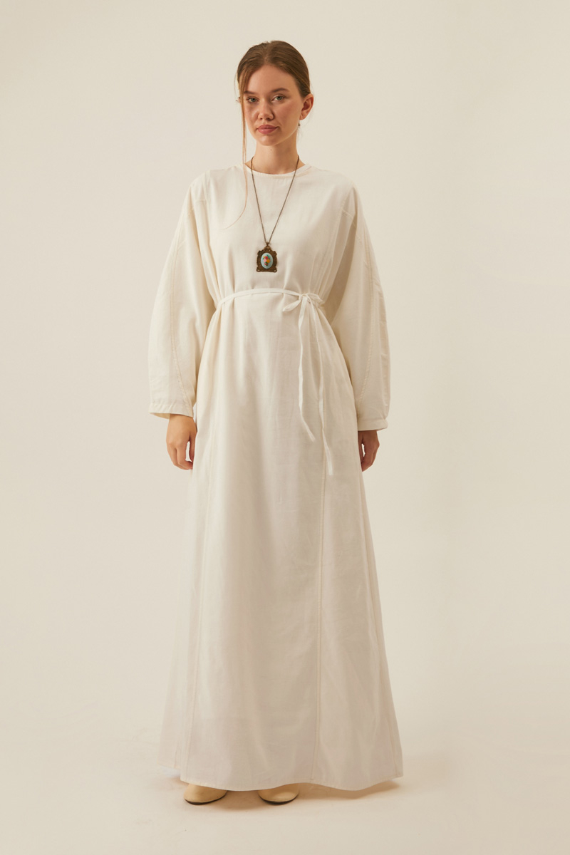 Contrast-Stitched Linen Dress White