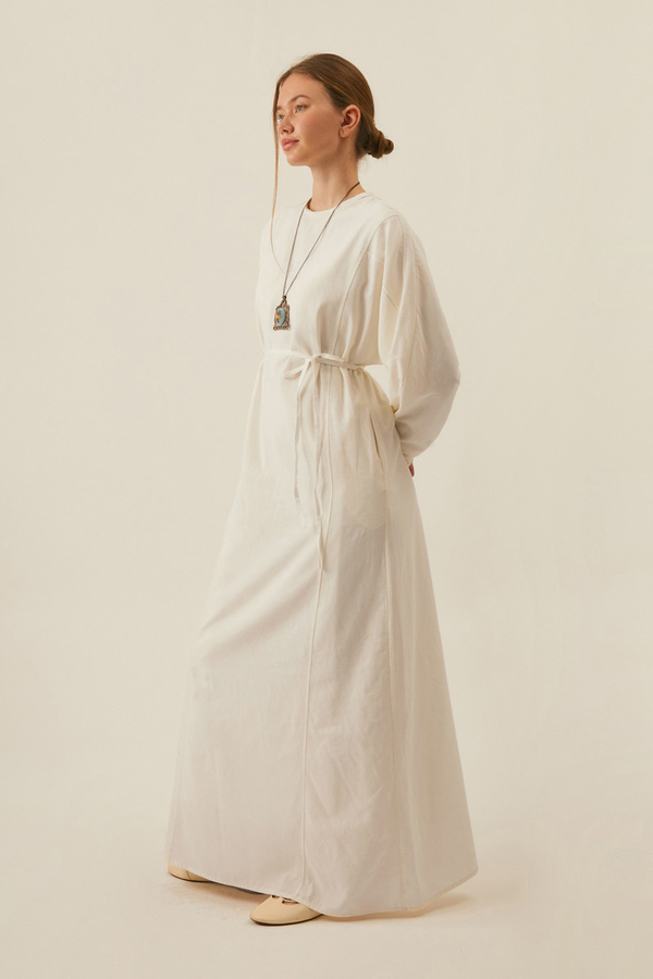 Contrast-Stitched Linen Dress White - 2
