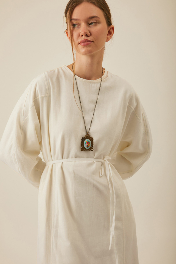 Contrast-Stitched Linen Dress White - 4