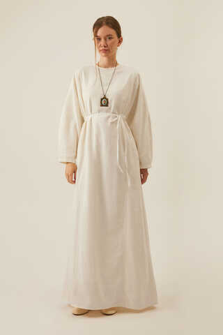Contrast-Stitched Linen Dress White - 1