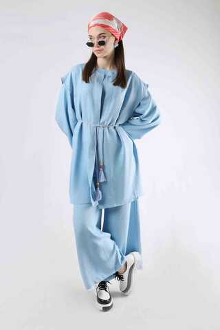 Corded Wide Leg Vest Set Blue - 1