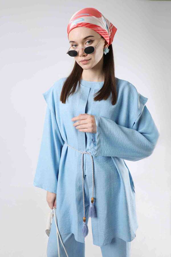 Corded Wide Leg Vest Set Blue - 2