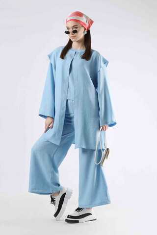 Corded Wide Leg Vest Set Blue - 3