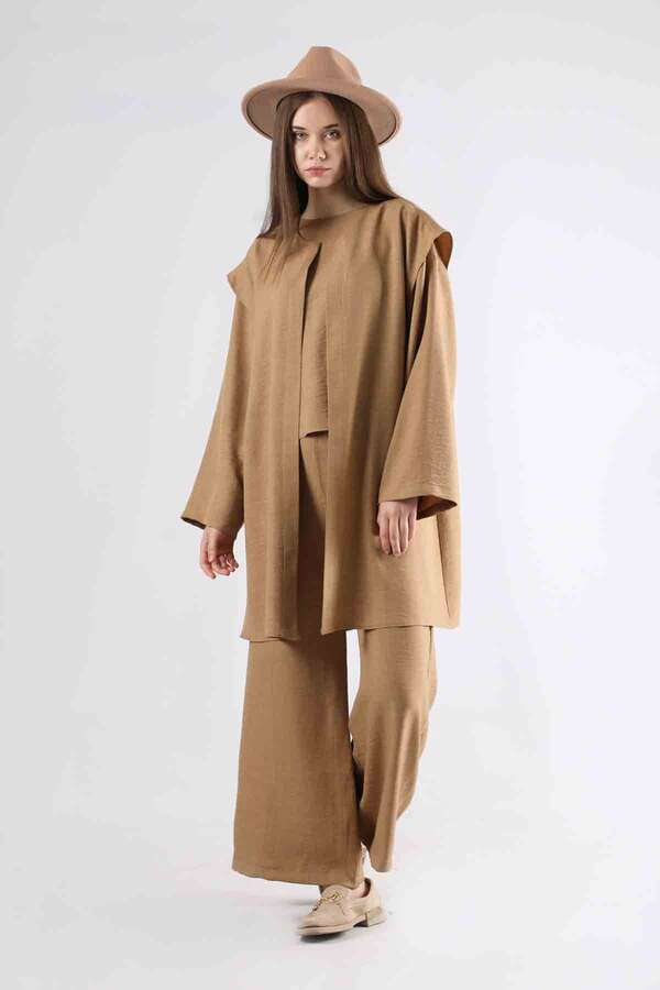 Corded Wide Leg Vest Set Camel - 1