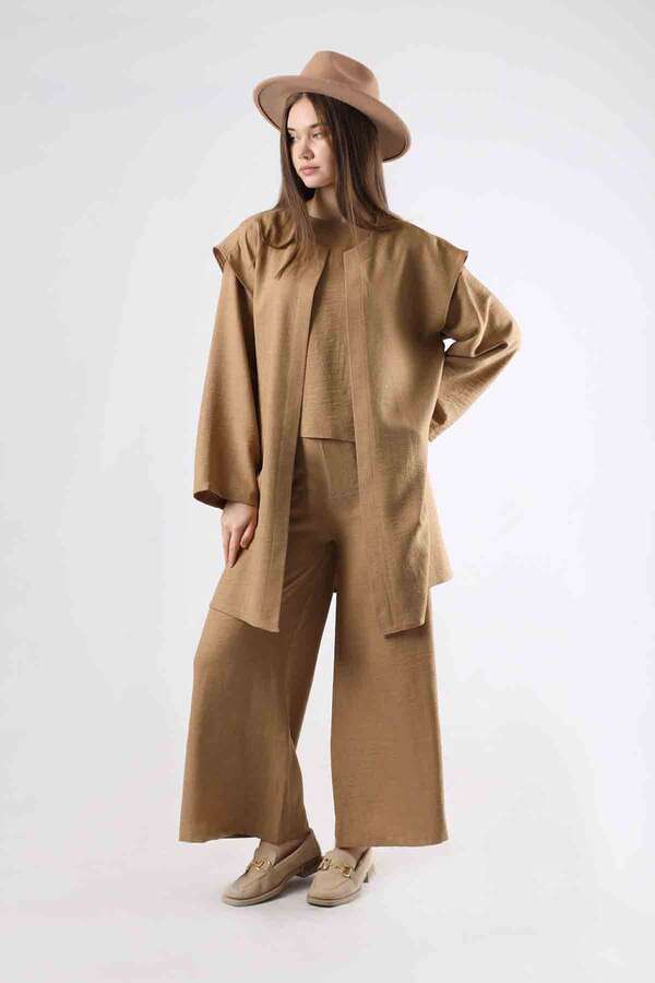 Corded Wide Leg Vest Set Camel - 3