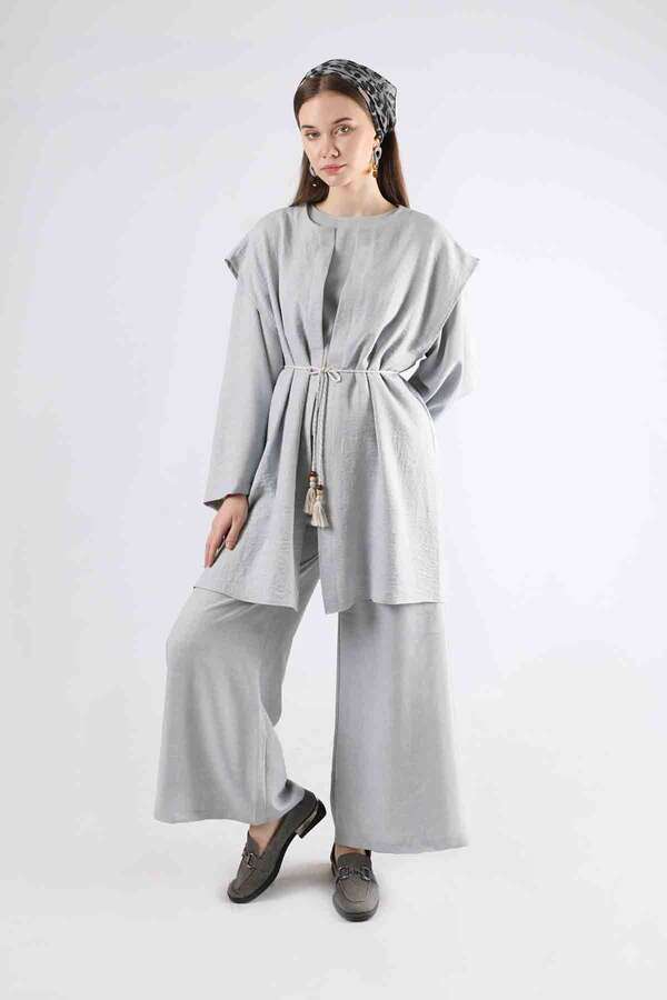 Corded Wide Leg Vest Set Gray - 3