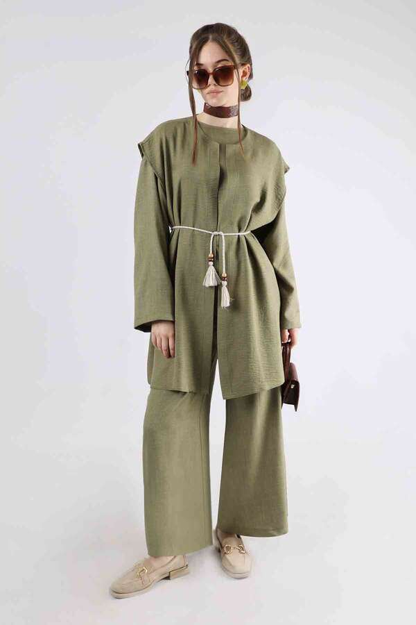 Corded Wide Leg Vest Set Khaki - 1