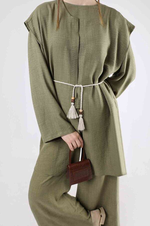 Corded Wide Leg Vest Set Khaki - 2